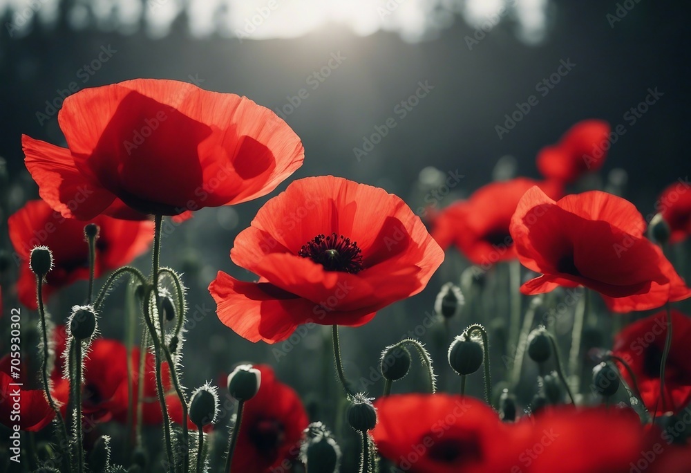 Obraz premium Red poppies on black background Creative Poppy flowers banner background Remembrance Day