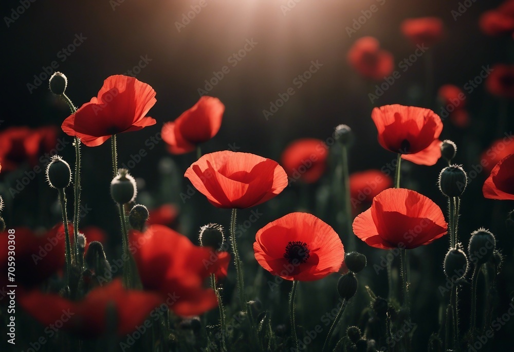 Obraz premium Red poppies on a sunny black background Remembrance Day Armistice Day symbol