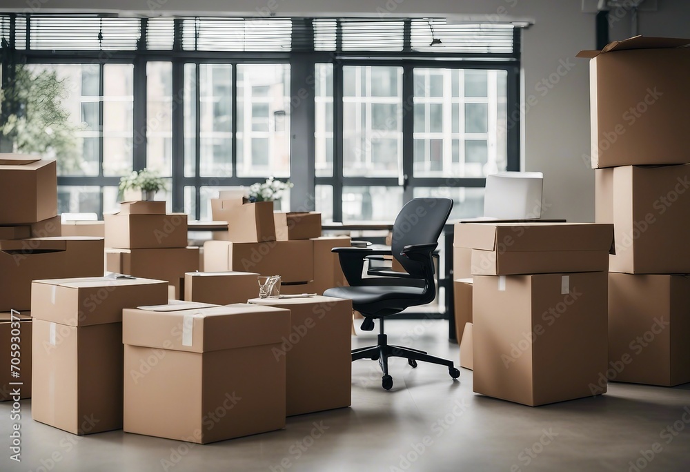 Fototapeta premium Stack of cardboard boxes with office chair in an empty office room