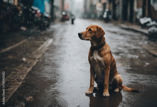 Sad homeless hungry dog sitting alone in the city street under the rain