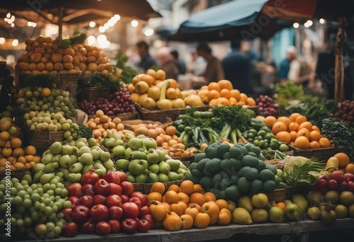 Outdoors street market with oranges, tomatoes, apples and other fruits and vegetables