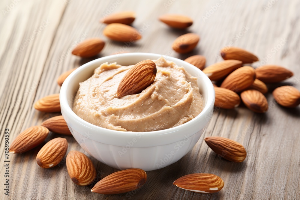 Bowl of almond butter on wooden background Bowl of almond butter on wooden background