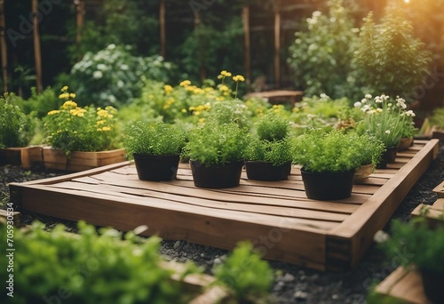 Growing green plant pots in wooden raided beds Modern sunny garden with herbs spices vegetables