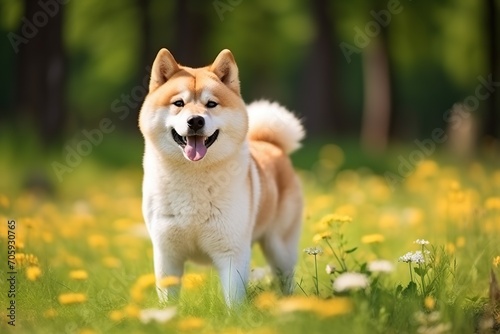 Young Akita Inu dog on green grass in the park
