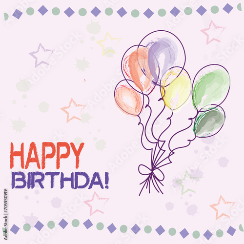 Happy Birthday Card with doodle hand drawn balloons. Vector illustration