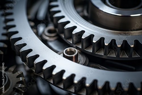 Metal gear sprockets in well used machine, closeup still life with beautiful textures and shape. Detail gear wheel.
