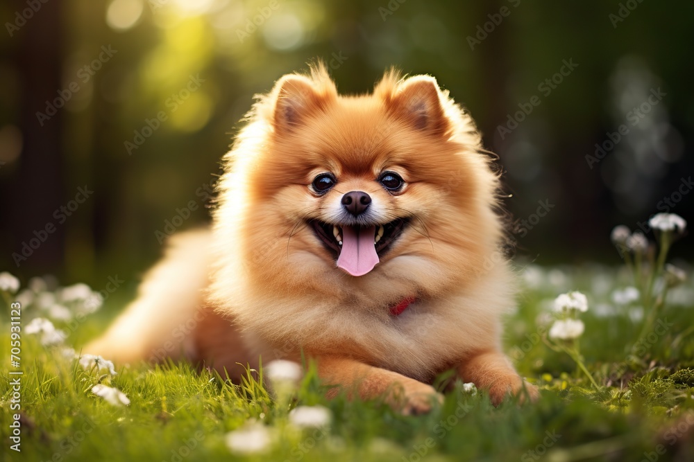 Pomeranian spitz on green grass in the park