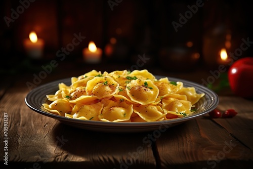 Italian ravioli pasta on wooden background
