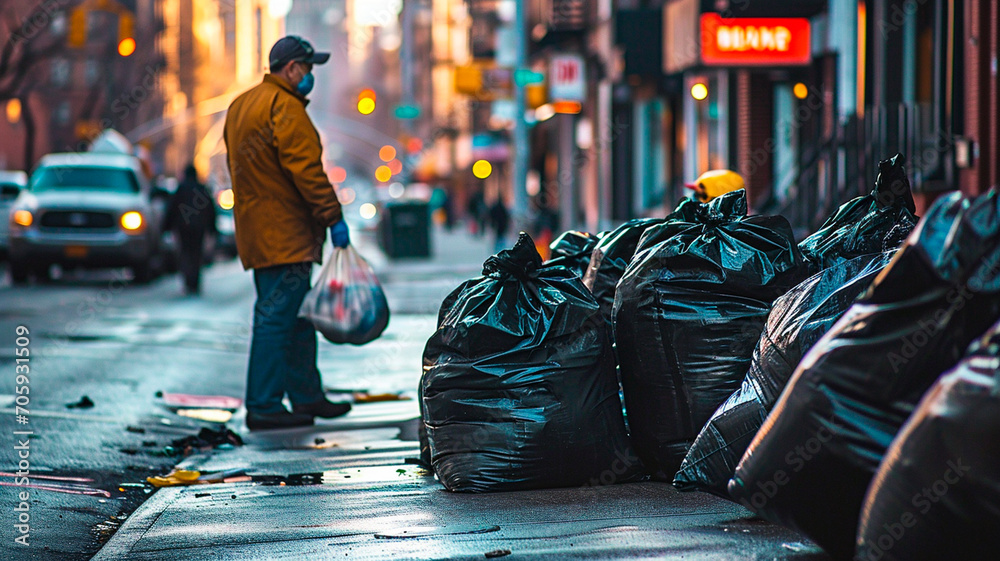 Obraz premium A worker collects garbage bags on the street