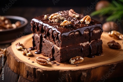 Chocolate brownie on wooden background