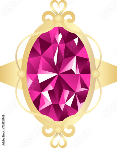 Gold ring with large pink gemstone, intricate design, luxury jewelry. Elegant accessory, romantic gift idea vector illustration.
