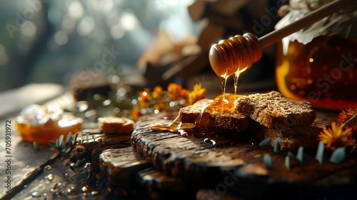 Honey dripping from a honey dipper into a bowl on a wooden table photo