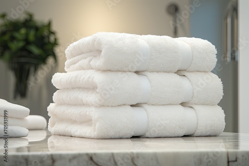 Pile of fluffy white bath towels stacked on a white marble vanity in a luxury bathroom interior.
