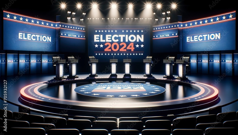 US Elections 2024 Debate Stage with Patriotic Theme and Empty Auditorium Stock Photo Adobe Stock