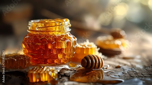 Honey in a glass jar with a honey dipper on a white background