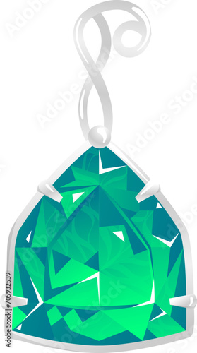 Green emerald pendant with intricate silver setting. Elegant gemstone jewelry design. Luxury accessory and fashion elegance vector illustration.