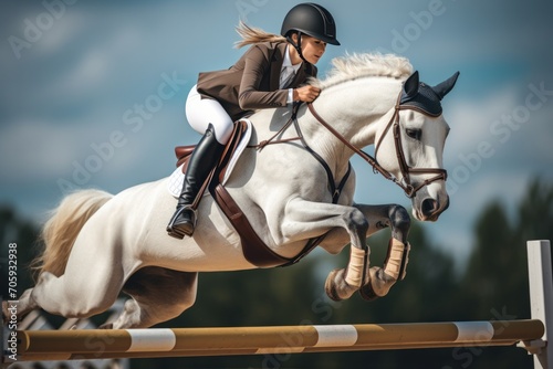 Young girl jumping obstacle with bay horse. Horse Jumping, Equestrian Sports, Show Jumping themed photo. Show jumping - horse with rider jumping over hurdle. Horse jumping with blue sky background,