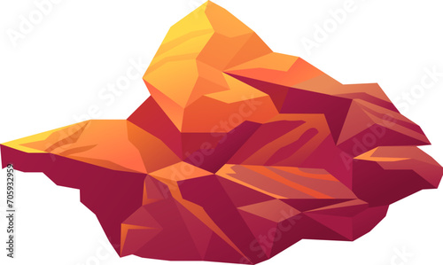 Low poly crystal rock formation in orange and red hues. Abstract geometrical polygonal design. Modern digital art vector illustration.