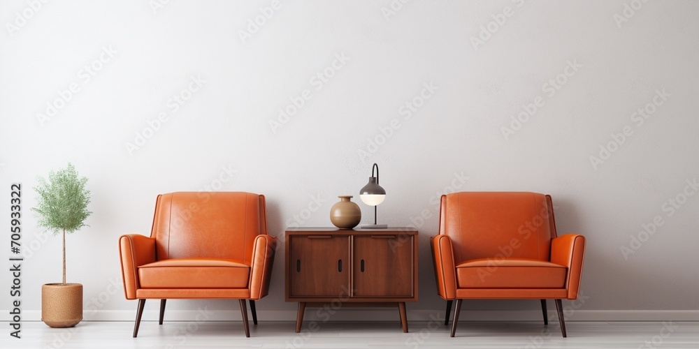 Luxury classic orange leather armchairs with lamp wooden cupboard living room background with copy space. - obrazy, fototapety, plakaty 
