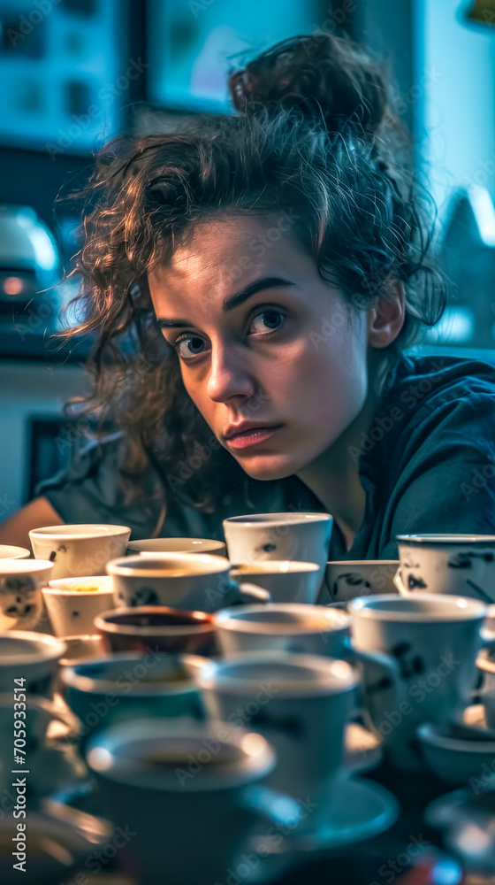 A young woman looks exhausted amidst a sea of coffee cups, capturing a moment of overwhelm or burnout