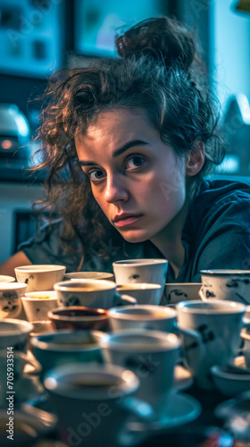 A young woman looks exhausted amidst a sea of coffee cups, capturing a moment of overwhelm or burnout