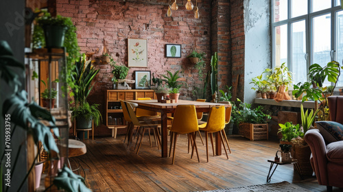 Cozy urban dining room with exposed brick wall, large window, houseplants, wooden table, and yellow chairs, home interior.