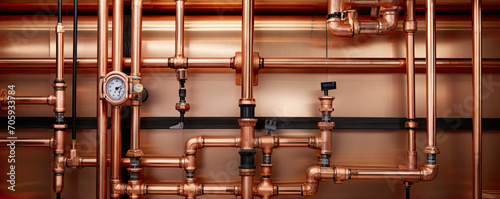 Plumbing copper metal. pipeline copper for heating system.