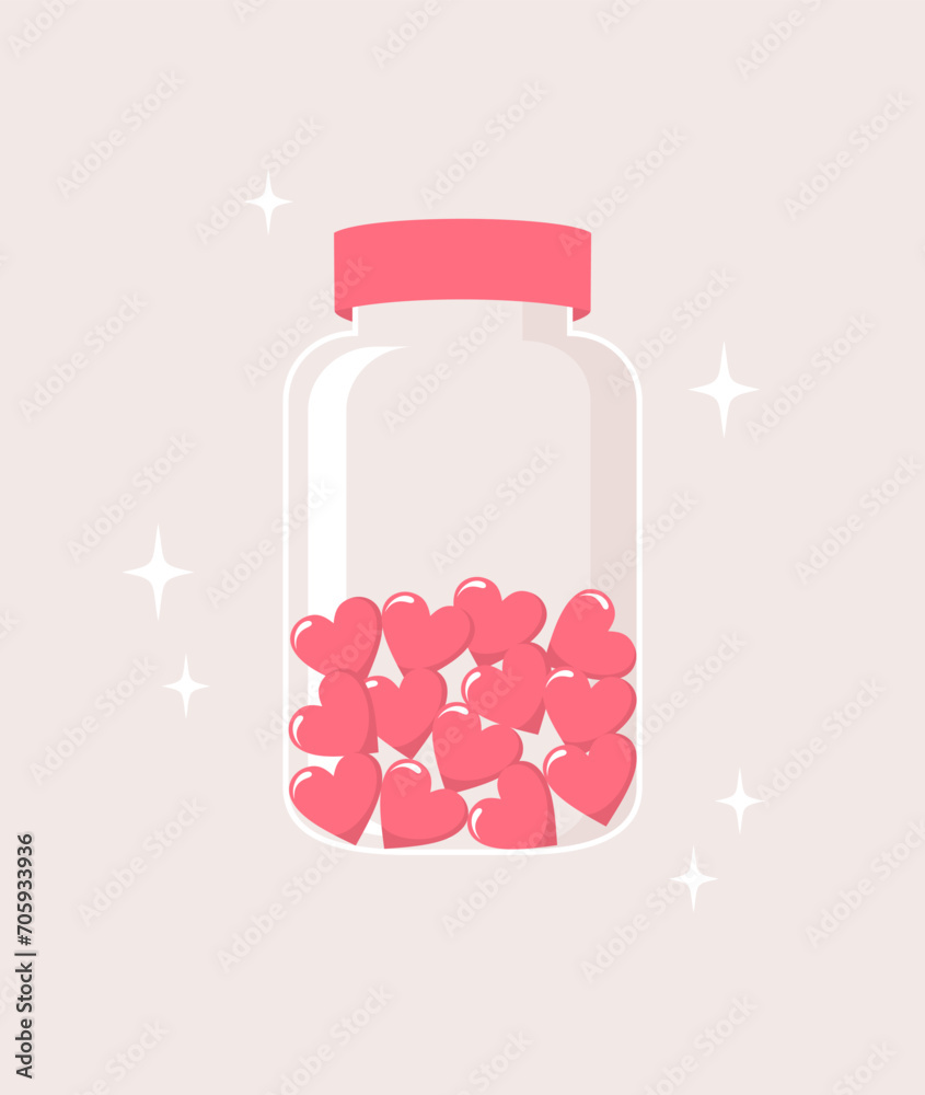 Glowing glass jar with pink hearts inside on beige background, flat vector illustration Glowing glass jar with pink hearts inside on beige background, flat vector illustration