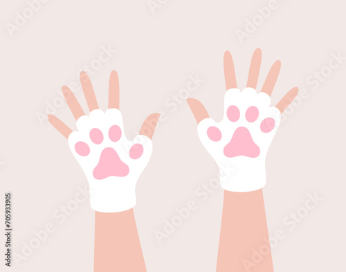 Hands in white and pink mittens in the shape of cat's paws. Flat vector illustration