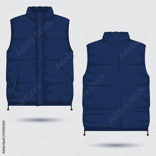 Blue bubble vest mockup front and back view. Sleeveless vest. Vector illustration