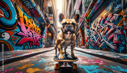 a dog standing on a skateboard in a very colorful alley