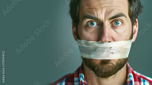 Portrait of an unhappy man with tape covered mouth, concept idea of freedom of speech and censoring, green background, copy space, horizontal 16:9 photo