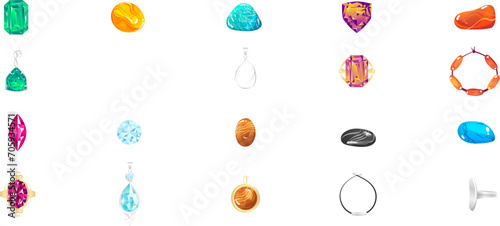 Assorted precious gemstones and jewelry pieces arranged on a white background. Colorful gems, rings, and earrings set design. Luxury accessories and fashion elements vector illustration.