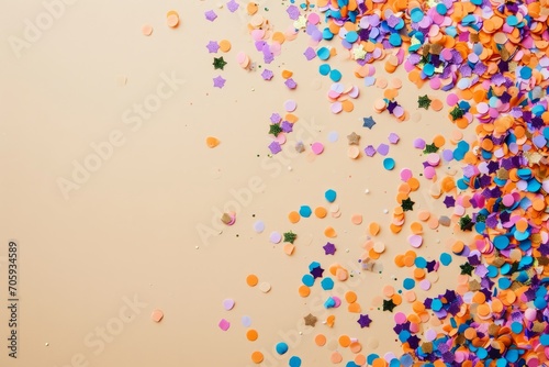 Top view of festive colorful confetti on beige background