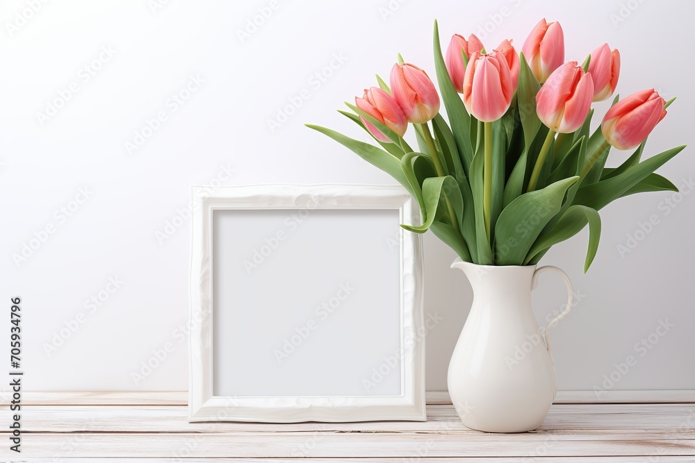 Blank photo frame with bouquet tulip flowers on wooden background Blank photo frame with bouquet tulip flowers on wooden background
