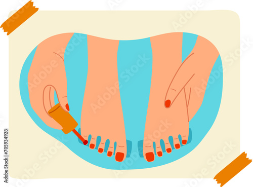 Close-up feet with painted toenails, pedicure process with nail polish. Self-care routine, beauty treatment vector illustration.