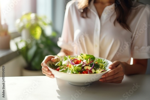 Beautiful woman eating healthy salad in the kitchen