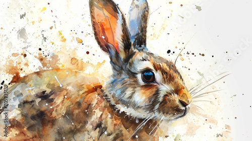 Expressive watercolor hare with dynamic splashes,  for natural themes or artistic expression.
