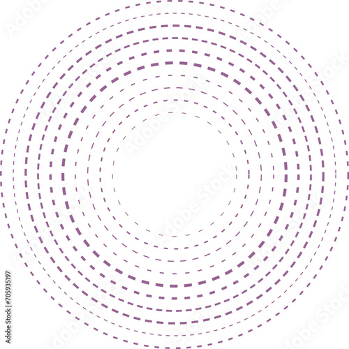 An abstract transparent futuristic dashed concentric circle pattern design element.