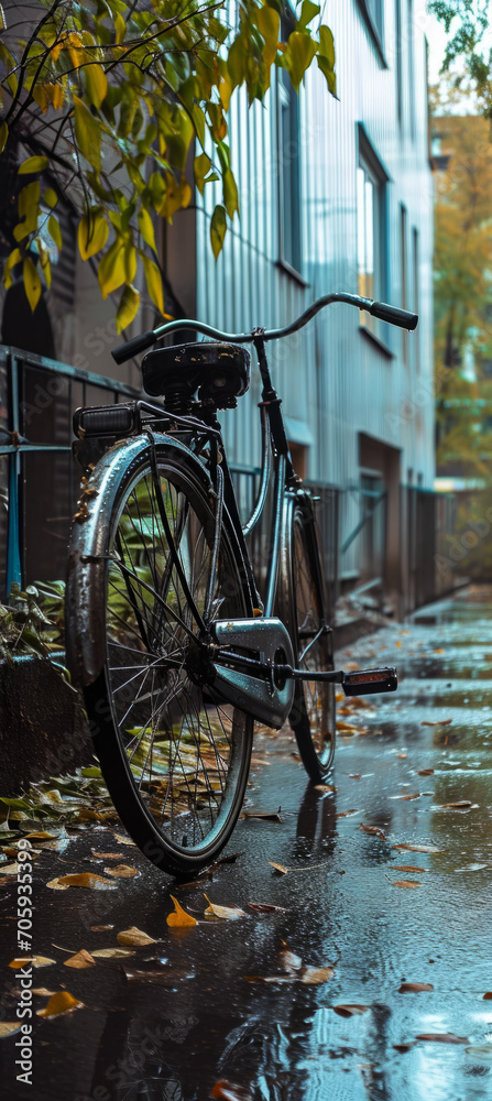 Vintage bike parked on a rainy alley with autumn leaves, moody urban scene, for storytelling or seasonal themes.