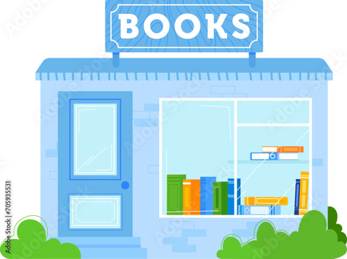 Quaint bookshop front with colorful books on display, blue facade and book sign. Cozy bookstore exterior, urban reading place vector illustration.