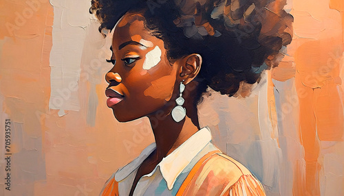 Impressionist painting with the close-up of an Afro woman in profile. Clear brush strokes. Predominant peach color.