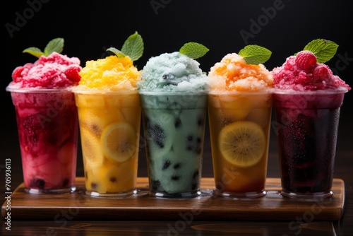 fruit and water. Multi-colored frozen ice drink made from juice. Sweet and very cold fruit lemonade. A variety with different cocktail flavors. Fruit smoothies in plastic cups with blueberry, photo