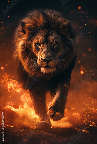 Ruler of Flames: Flaming Lion King Fantasy Poster with Ashes, Embers, and Flames Illuminating a Black Canvas. Explore the Fiery Fantasy Wild Animal Collection, an Artistic Depiction of Climate Change,