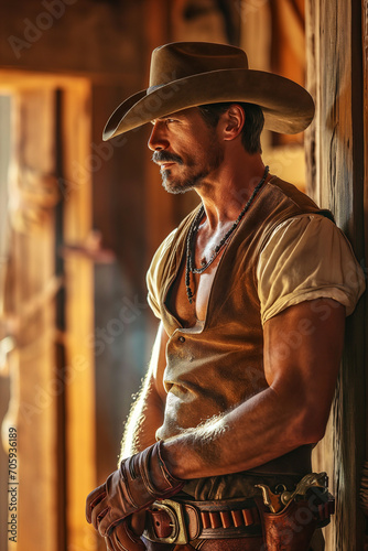Handsome 45 year old western cowboy wearing a cowboy hat and gun strapped to his waist. Side profile view. In a barn. Warm sunset hues. Muscular fit old west cowboy. Farmer, bandit, sheriff.  photo