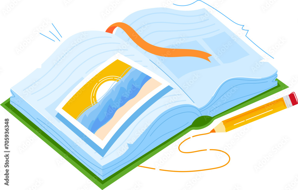 Open book with blue pages, orange bookmark and pencil. Waves picture on book page. Knowledge and education vector illustration.