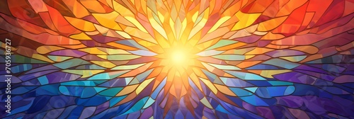 Rays of bright sun pass through colored stained glass, banner © serz72