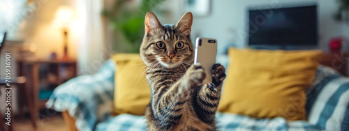 adorable cat holding a smartphone as if taking a selfie, with a cozy home background lit by warm lights.