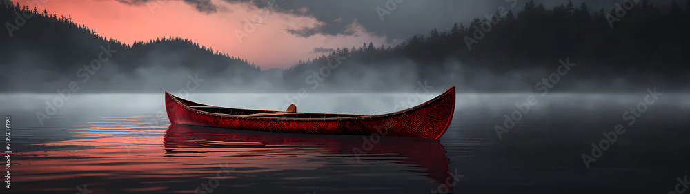 Ultra-wide tranquil and picturesque vista where an empty canoe peacefully rests on the serene waters of a misty lake bathed in the warm hues of a sunset, with silhouetted trees standing majestically - obrazy, fototapety, plakaty 