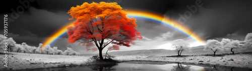 Ultra-wide black and white landscape, a solitary tree takes on a vivid burst of color, standing as a striking focal point against the monochromatic expanse, while a radiant rainbow gracefully arches